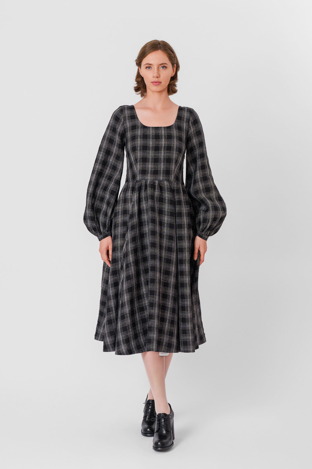 Carmen Dress, Long Sleeve, Black Tartan#color_black-tartan