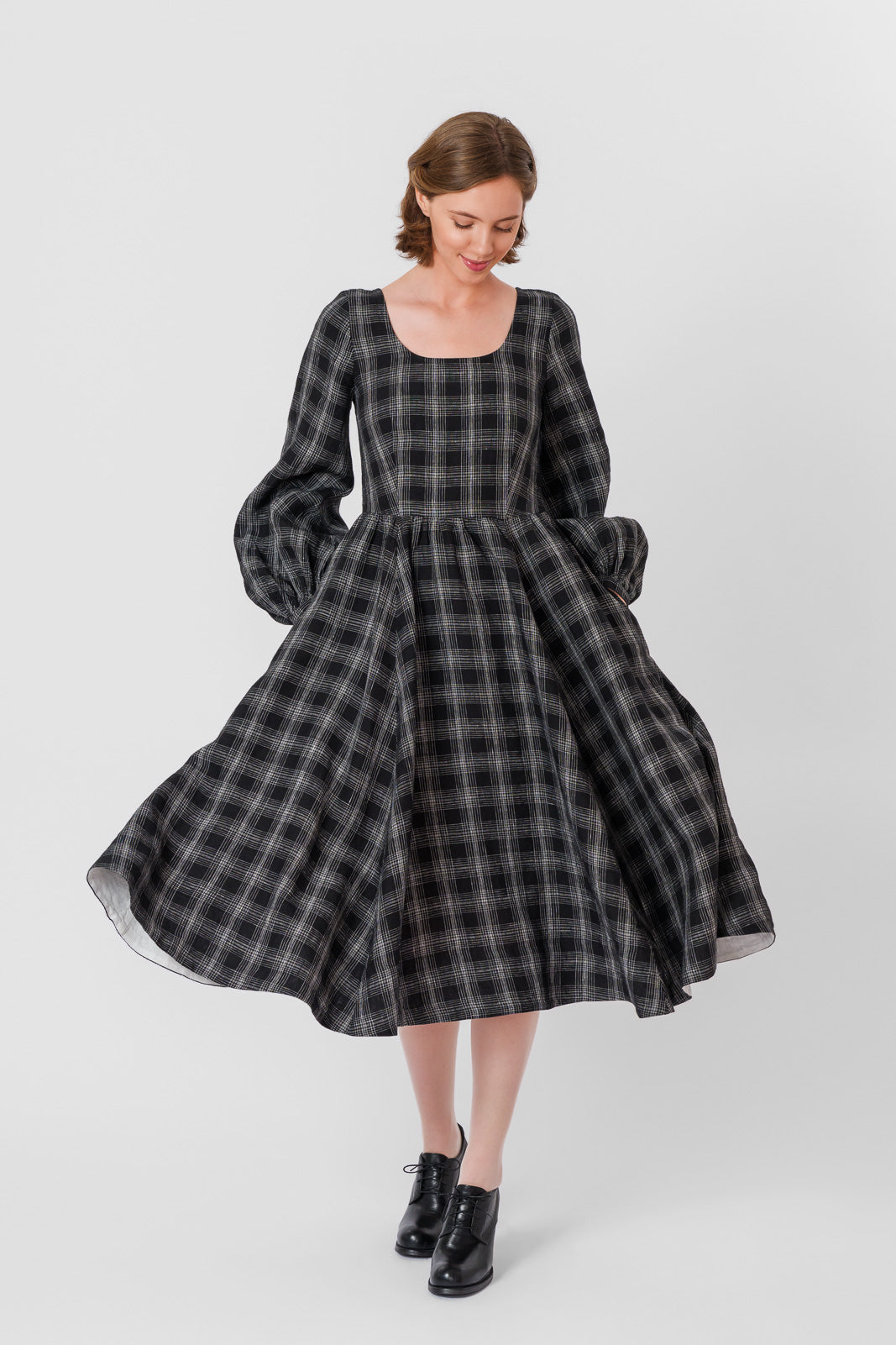 Carmen Dress, Long Sleeve, Black Tartan#color_black-tartan