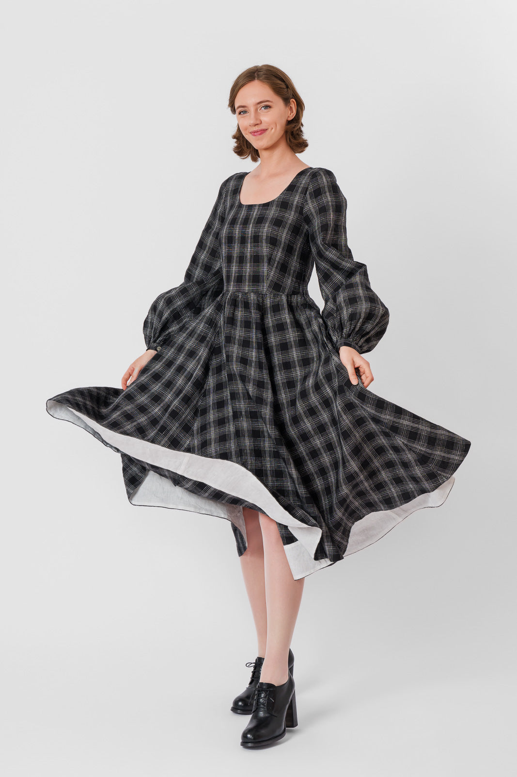 Carmen Dress, Long Sleeve, Black Tartan#color_black-tartan
