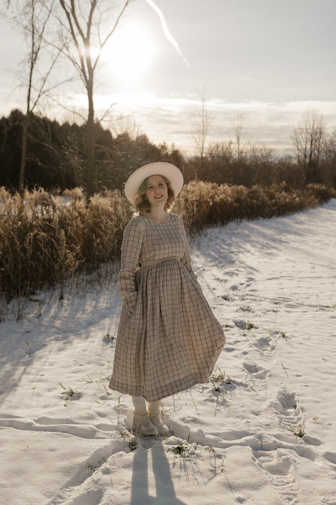 Smock Nursing Dress, Long Sleeve, Latte Grid