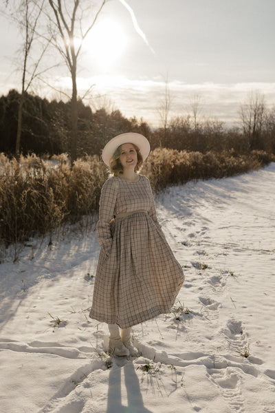 Smock Nursing Dress, Long Sleeve, Latte Grid