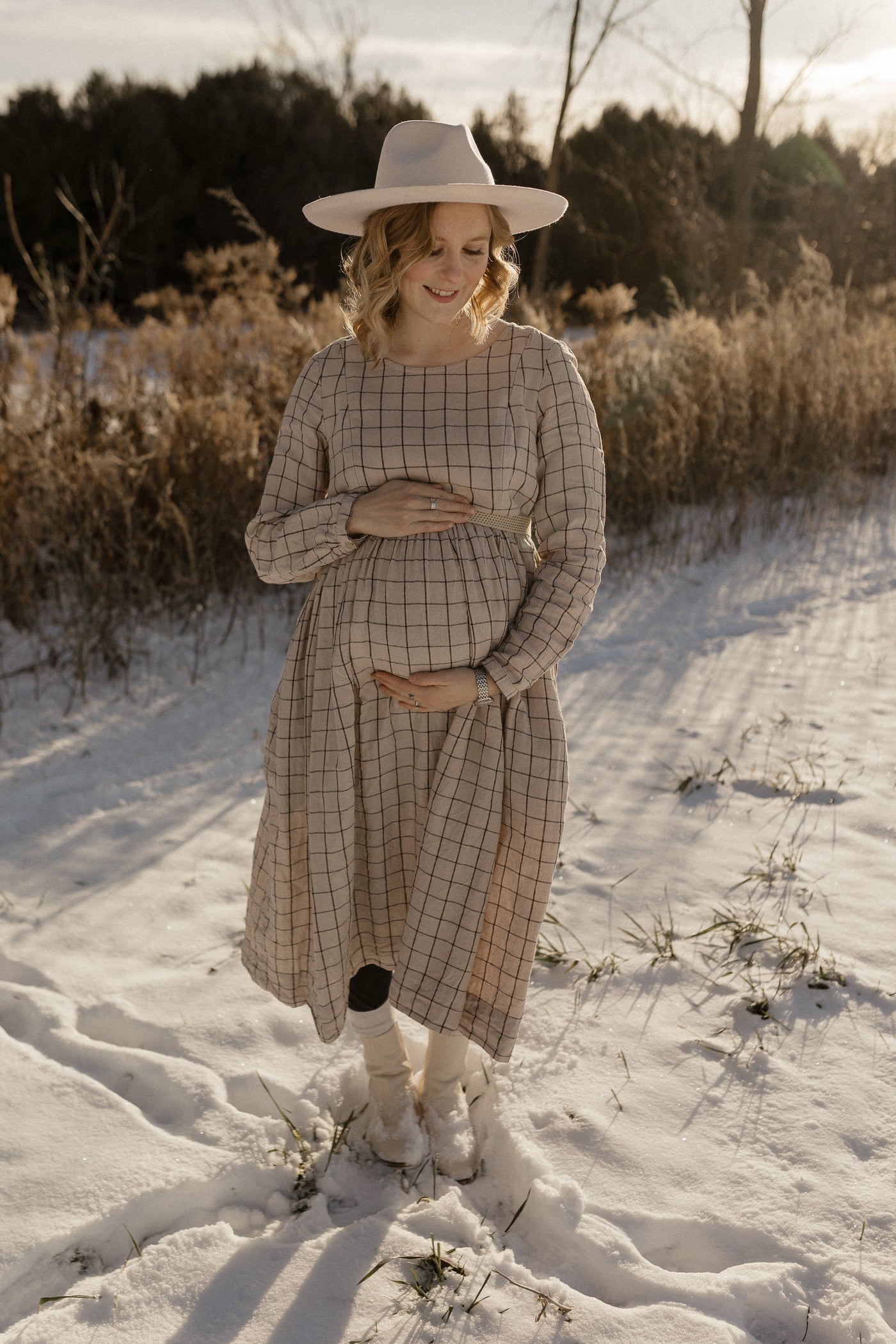 Smock Nursing Dress, Long Sleeve, Latte Grid