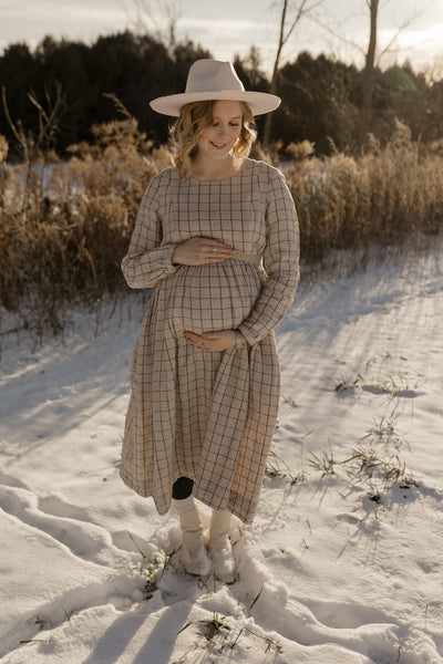 Smock Nursing Dress, Long Sleeve, Latte Grid