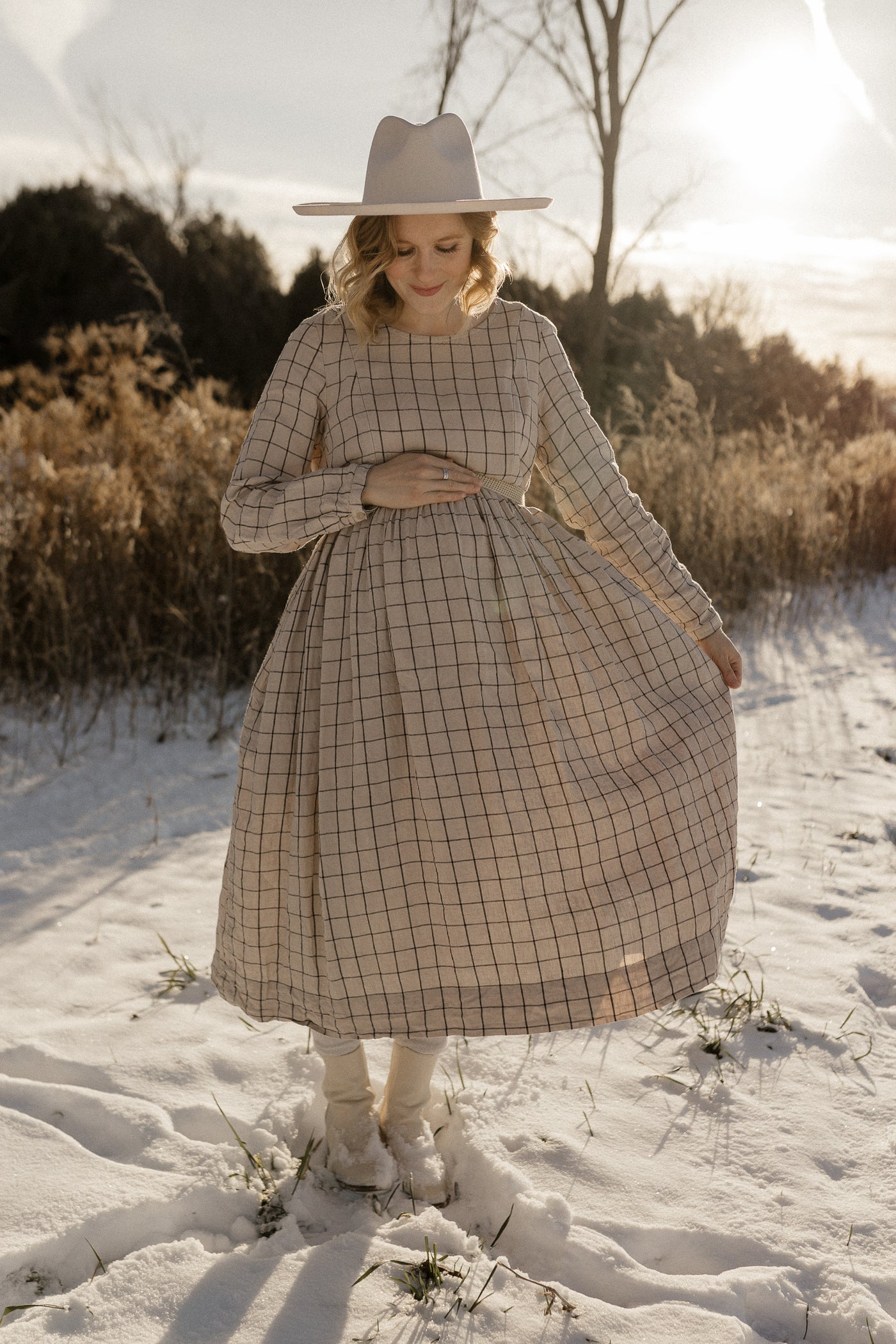 Smock Nursing Dress, Long Sleeve, Latte Grid