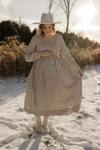 Smock Nursing Dress, Long Sleeve, Latte Grid