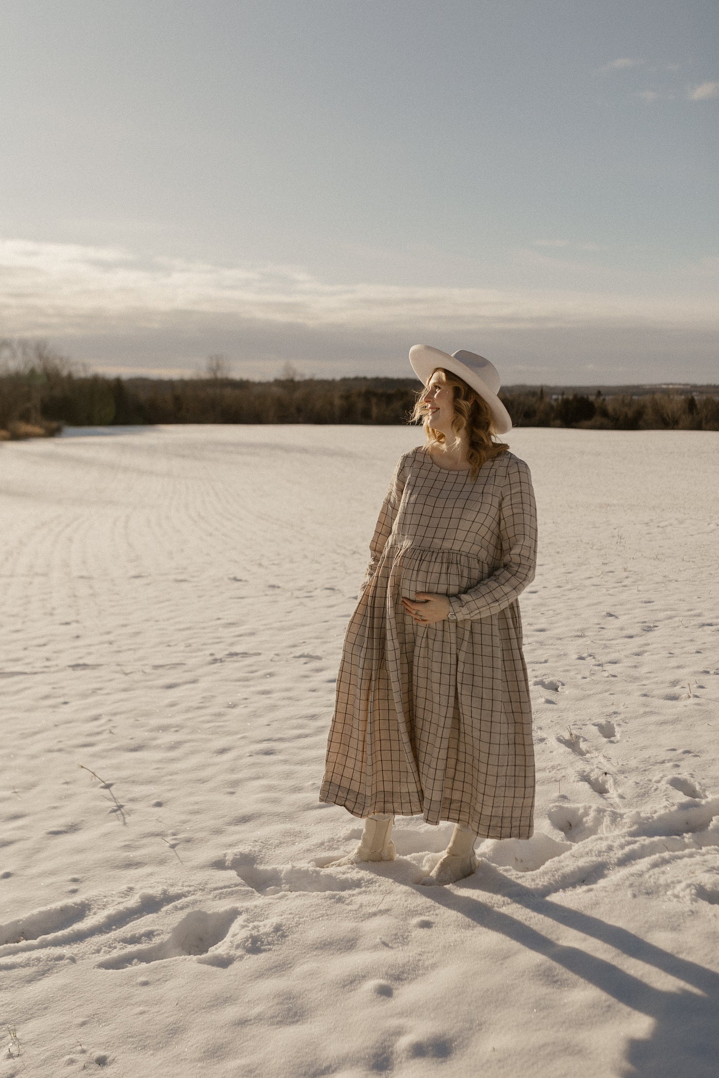 Smock Nursing Dress, Long Sleeve, Latte Grid
