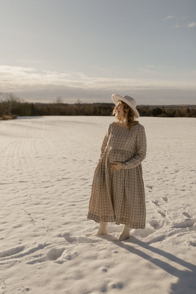 Smock Nursing Dress, Long Sleeve, Latte Grid