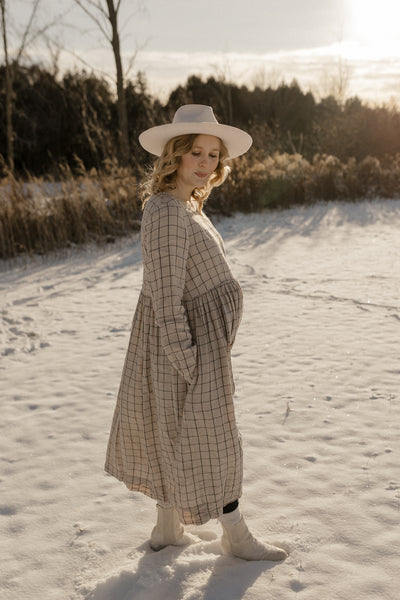 Smock Nursing Dress, Long Sleeve, Latte Grid