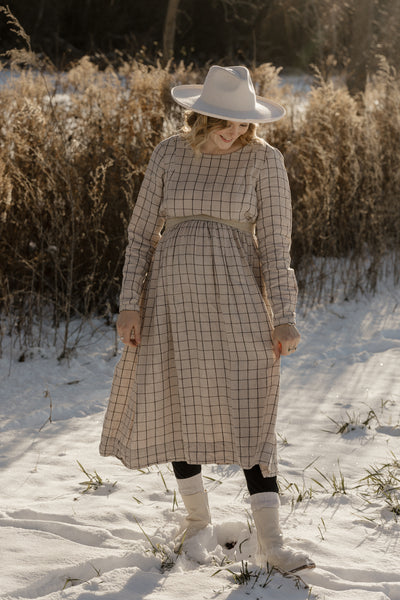 Smock Nursing Dress, Long Sleeve, Latte Grid