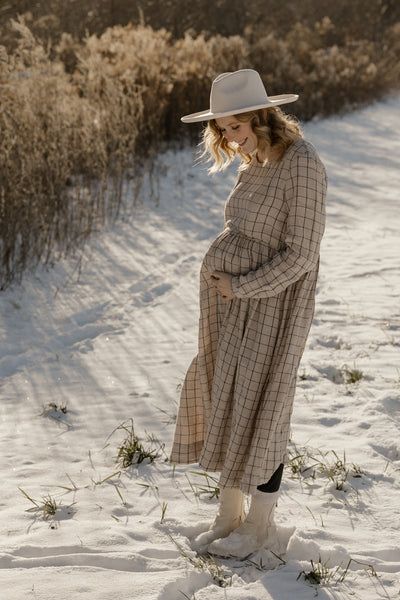 Smock Nursing Dress, Long Sleeve, Latte Grid
