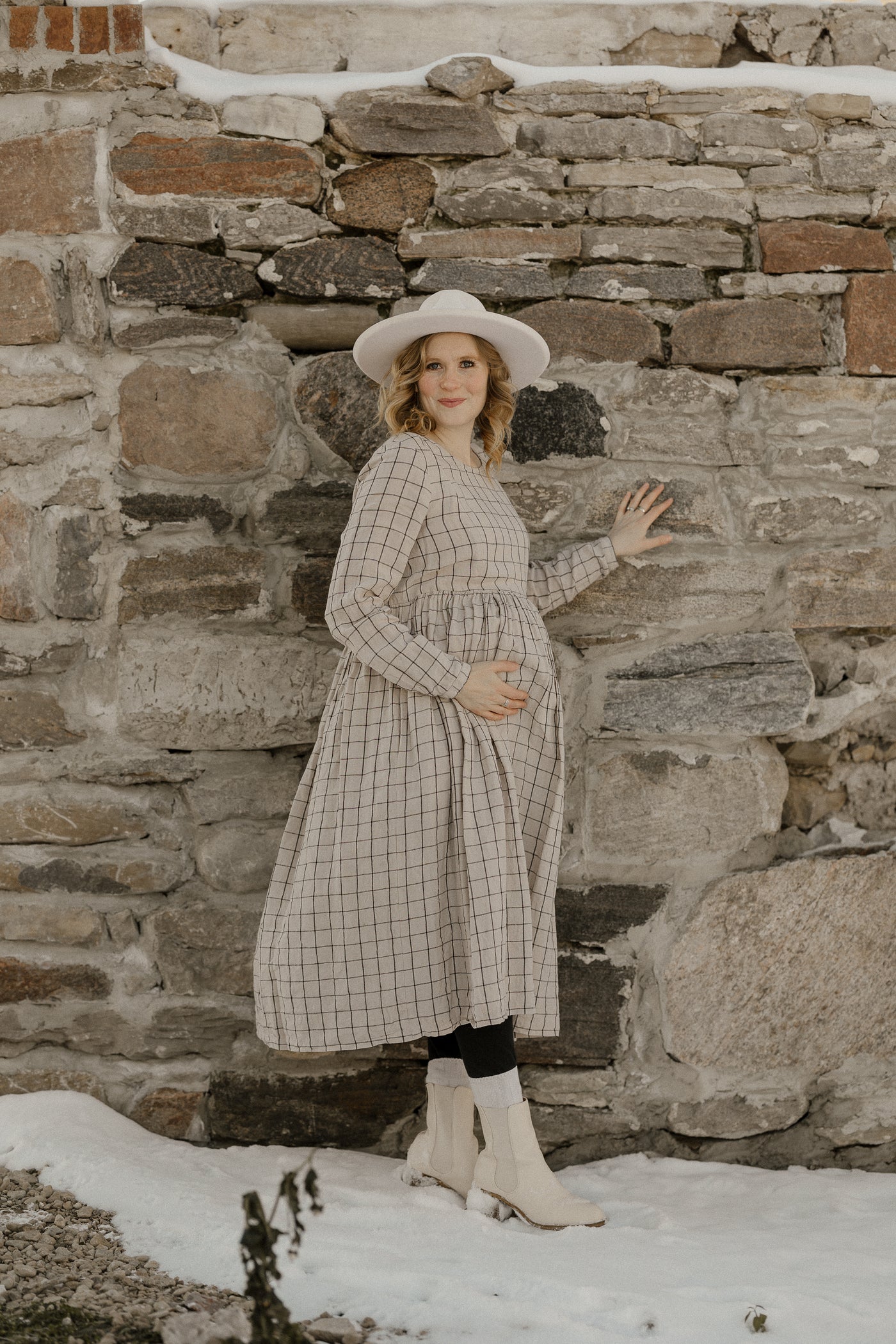 Smock Nursing Dress, Long Sleeve, Latte Grid
