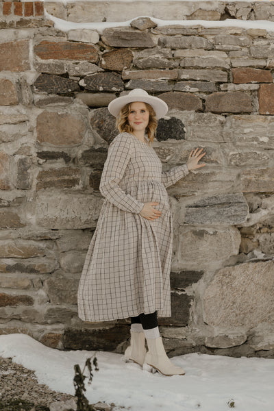 Smock Nursing Dress, Long Sleeve, Latte Grid
