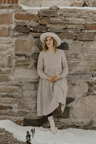 Smock Nursing Dress, Long Sleeve, Latte Grid