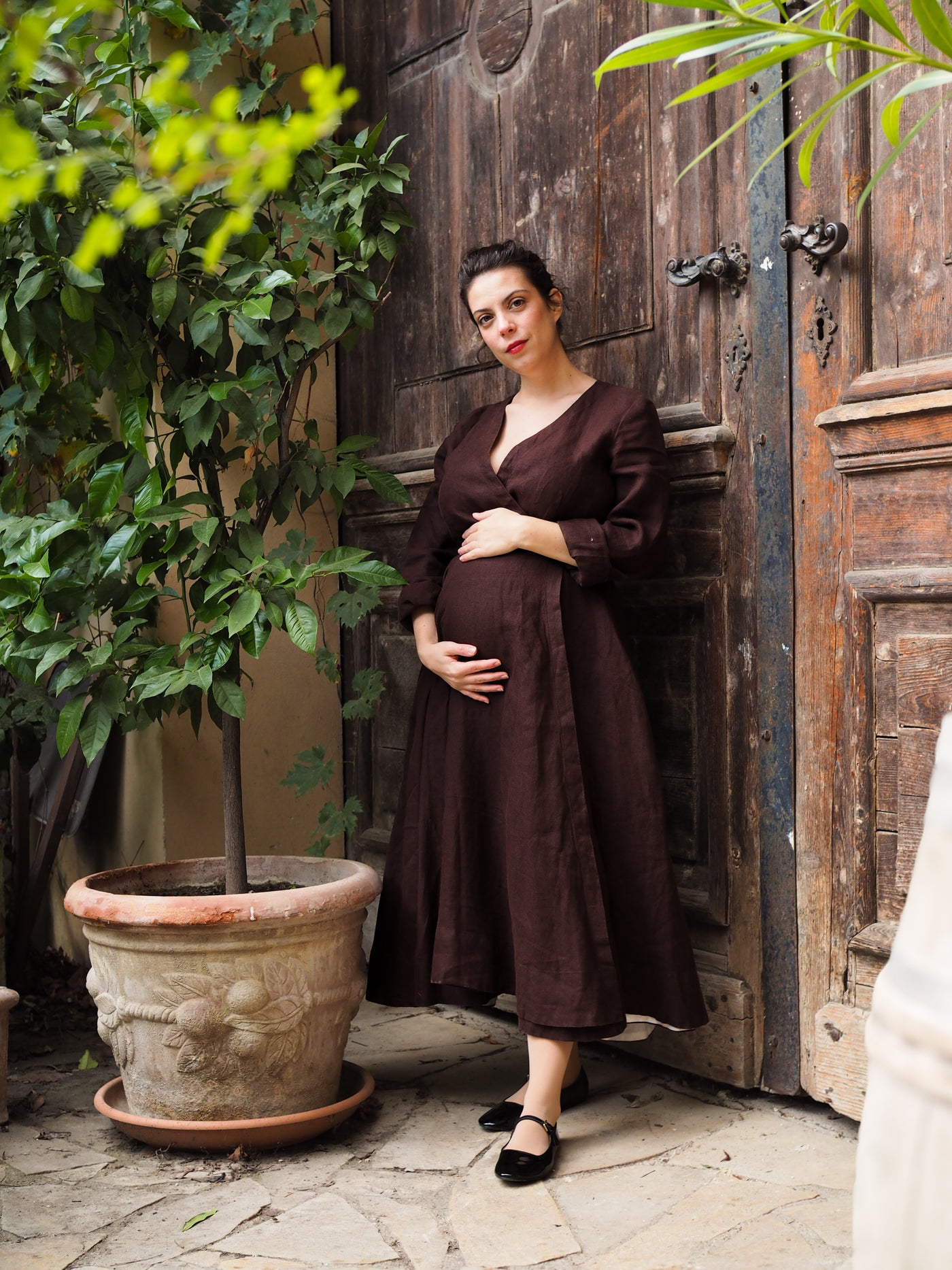 Wrap Dress, Long Sleeve, Twill Linen, Espresso Brown