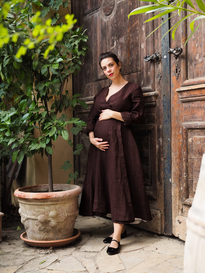 Wrap Dress, Long Sleeve, Twill Linen, Espresso Brown