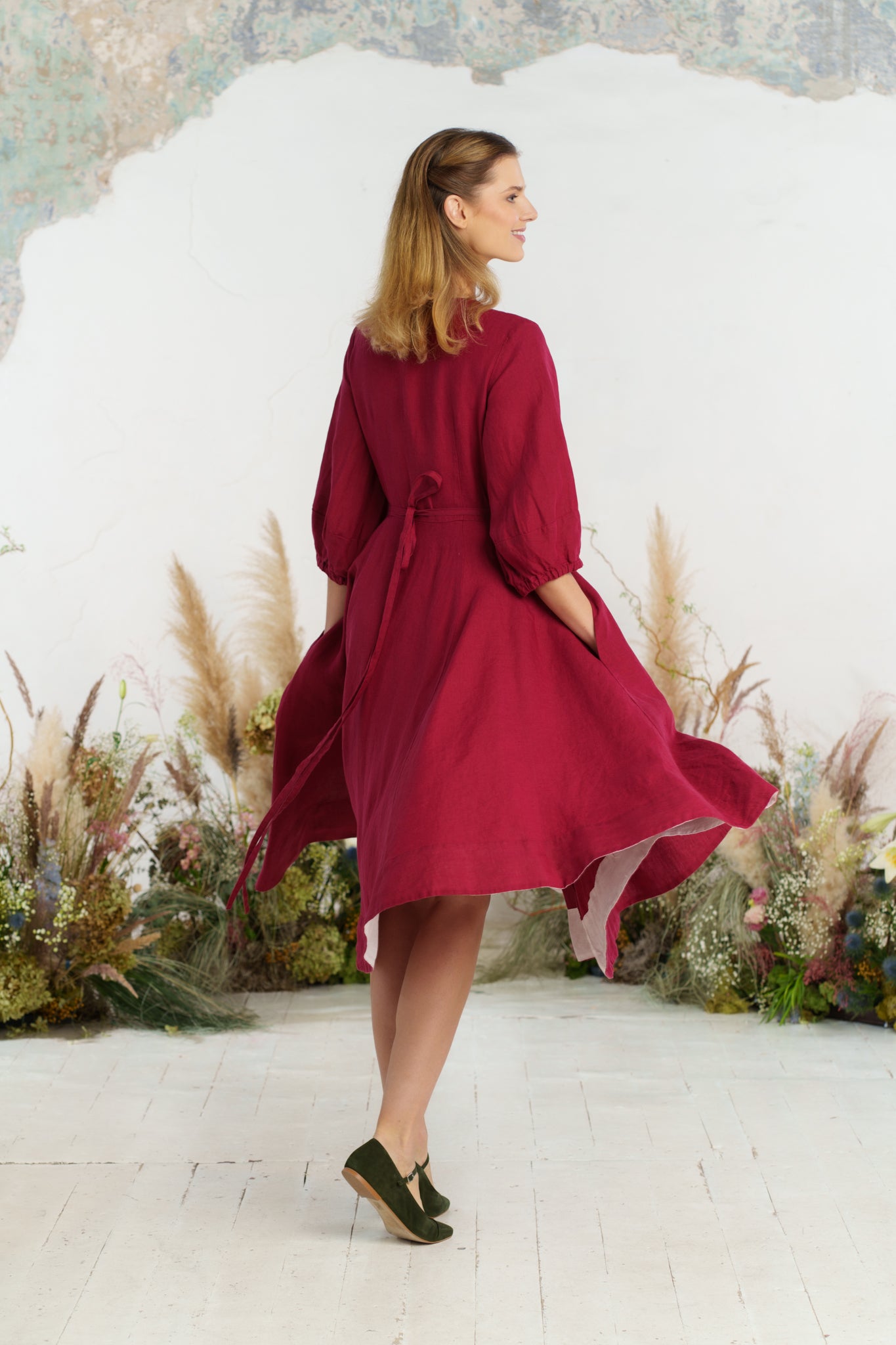 Wrap Gaia Dress, 3/4 Sleeve, Marsala Red
#color_marsala-red
