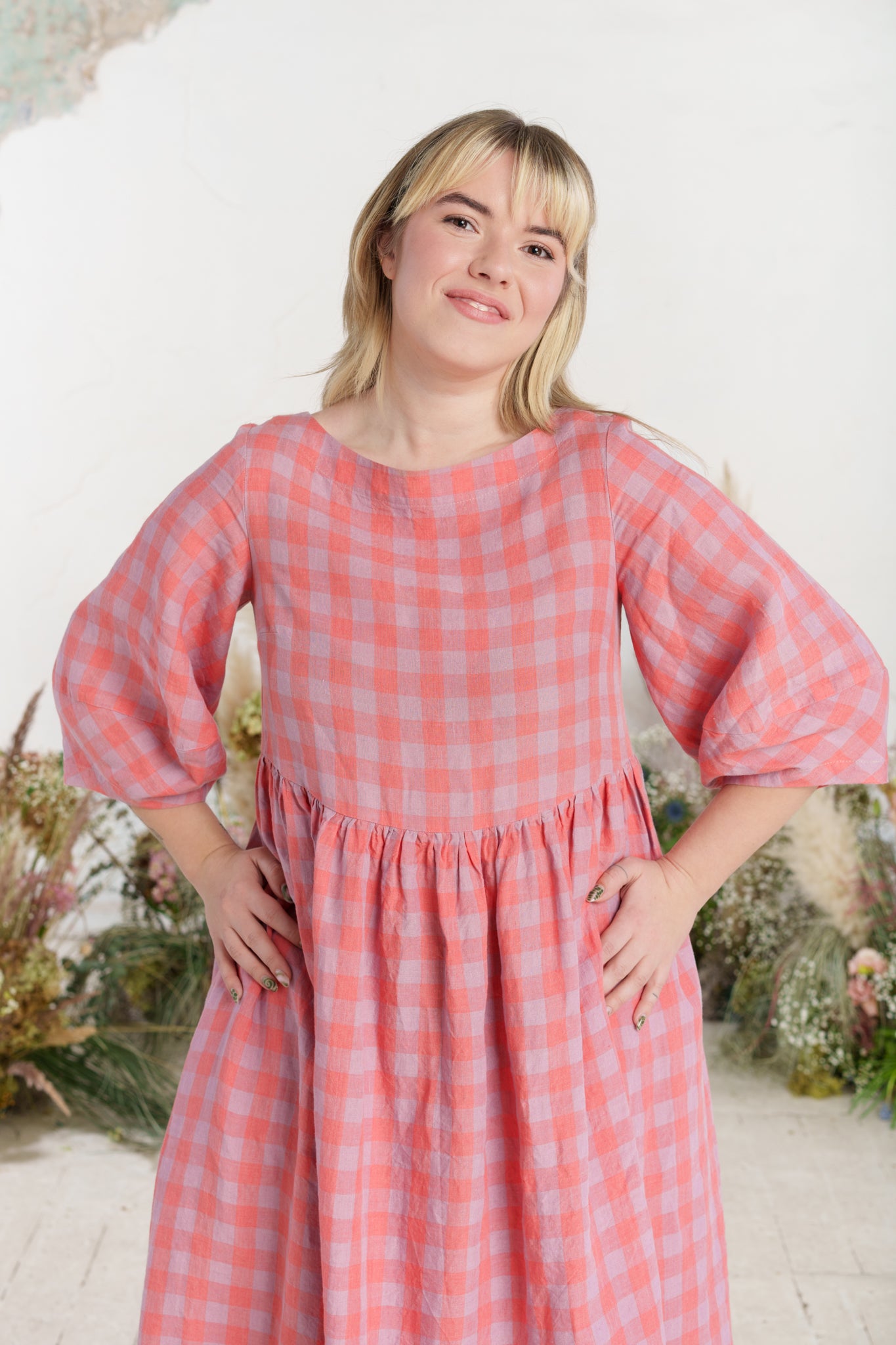 Smock Gaia Dress, 3/4 Sleeve, Pink Gingham
#color_pink-gingham