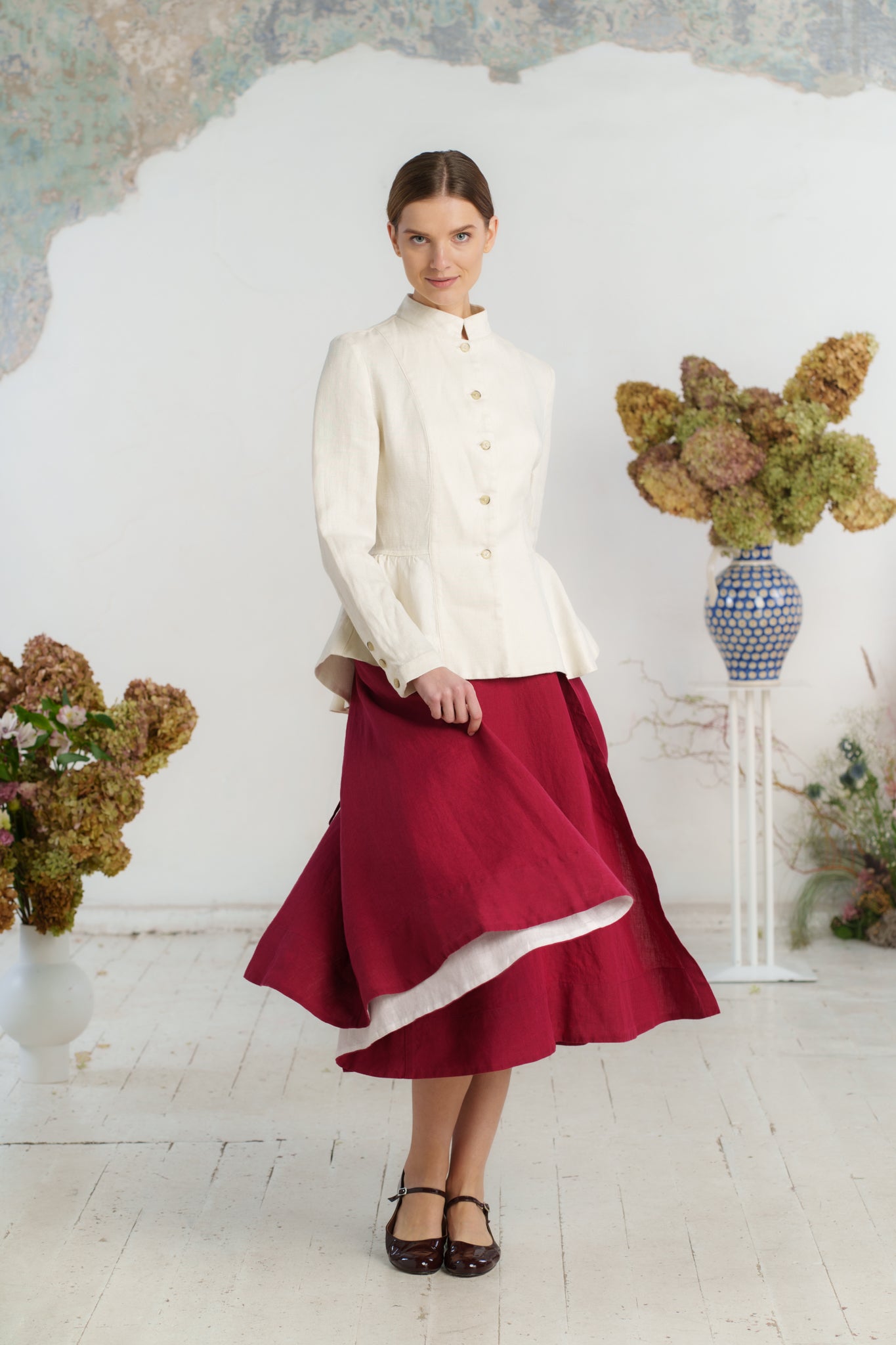 Peplum Jacket, Twill Linen, Milky Herringbone
#color_milky-herringbone