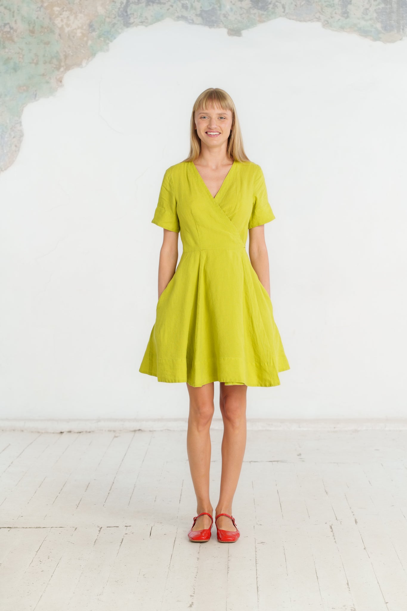Mini Wrap Dress, Short Sleeve, Lime Green
#color_lime-green