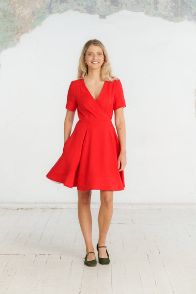 Mini Wrap Dress, Short Sleeve, Cherry Red
#color_cherry-red