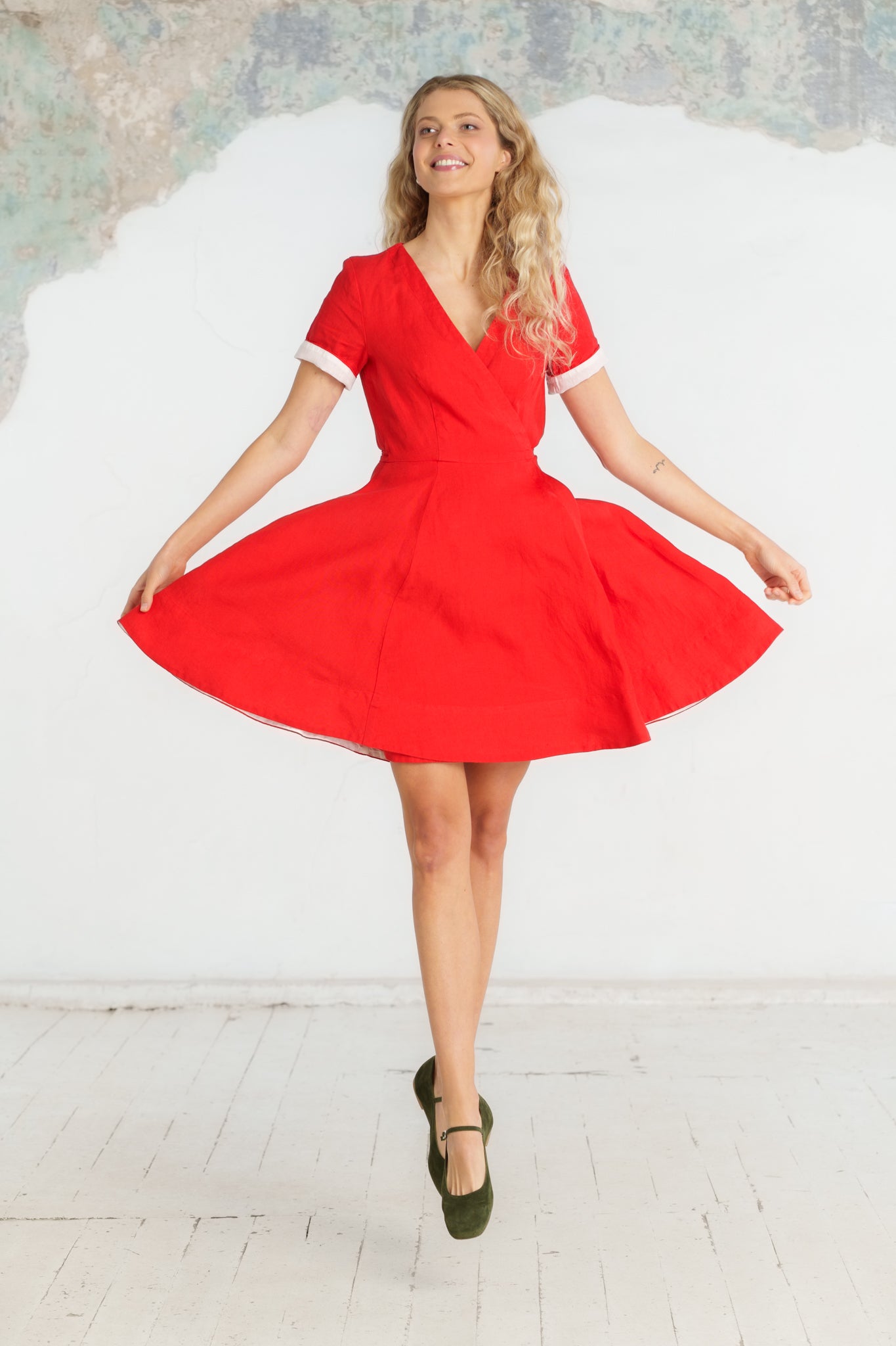 Mini Wrap Dress, Short Sleeve, Cherry Red
#color_cherry-red