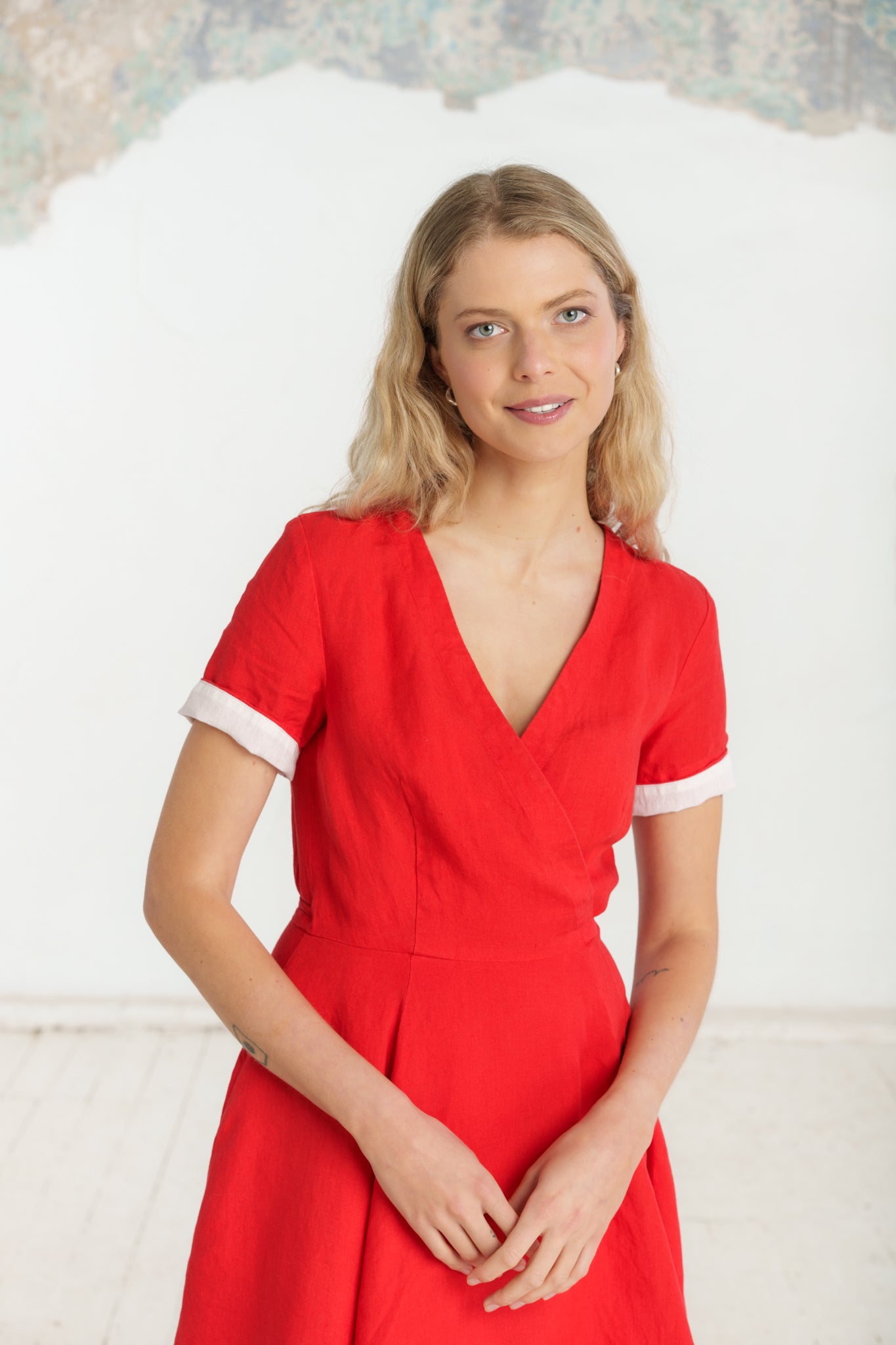 Mini Wrap Dress, Short Sleeve, Cherry Red
#color_cherry-red