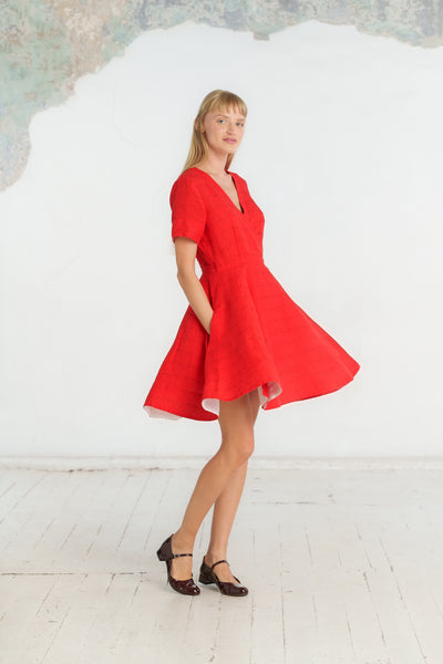 Mini Wrap Dress, Short Sleeve, Cherry Red Stripes
#color_cherry-red-stripes