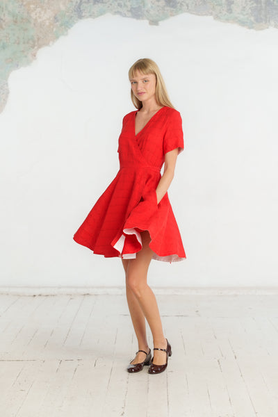 Mini Wrap Dress, Short Sleeve, Cherry Red Stripes
#color_cherry-red-stripes
