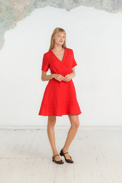 Mini Wrap Dress, Short Sleeve, Cherry Red Stripes
#color_cherry-red-stripes
