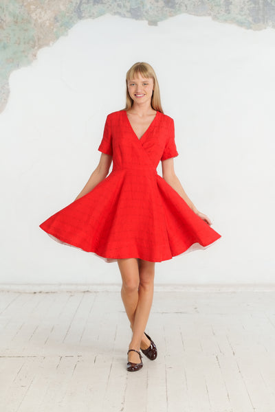 Mini Wrap Dress, Short Sleeve, Cherry Red Stripes
#color_cherry-red-stripes