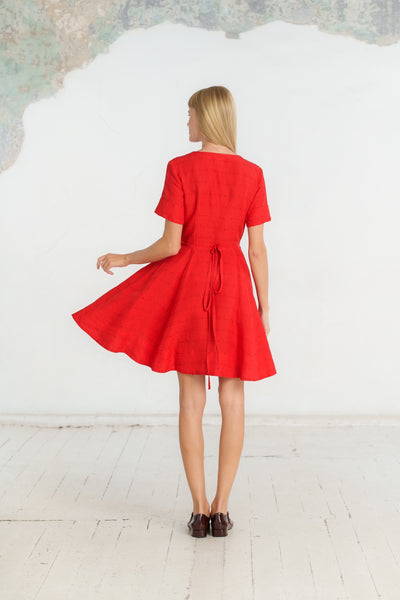Mini Wrap Dress, Short Sleeve, Cherry Red Stripes
#color_cherry-red-stripes