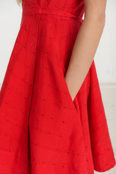 Mini Wrap Dress, Short Sleeve, Cherry Red Stripes
#color_cherry-red-stripes