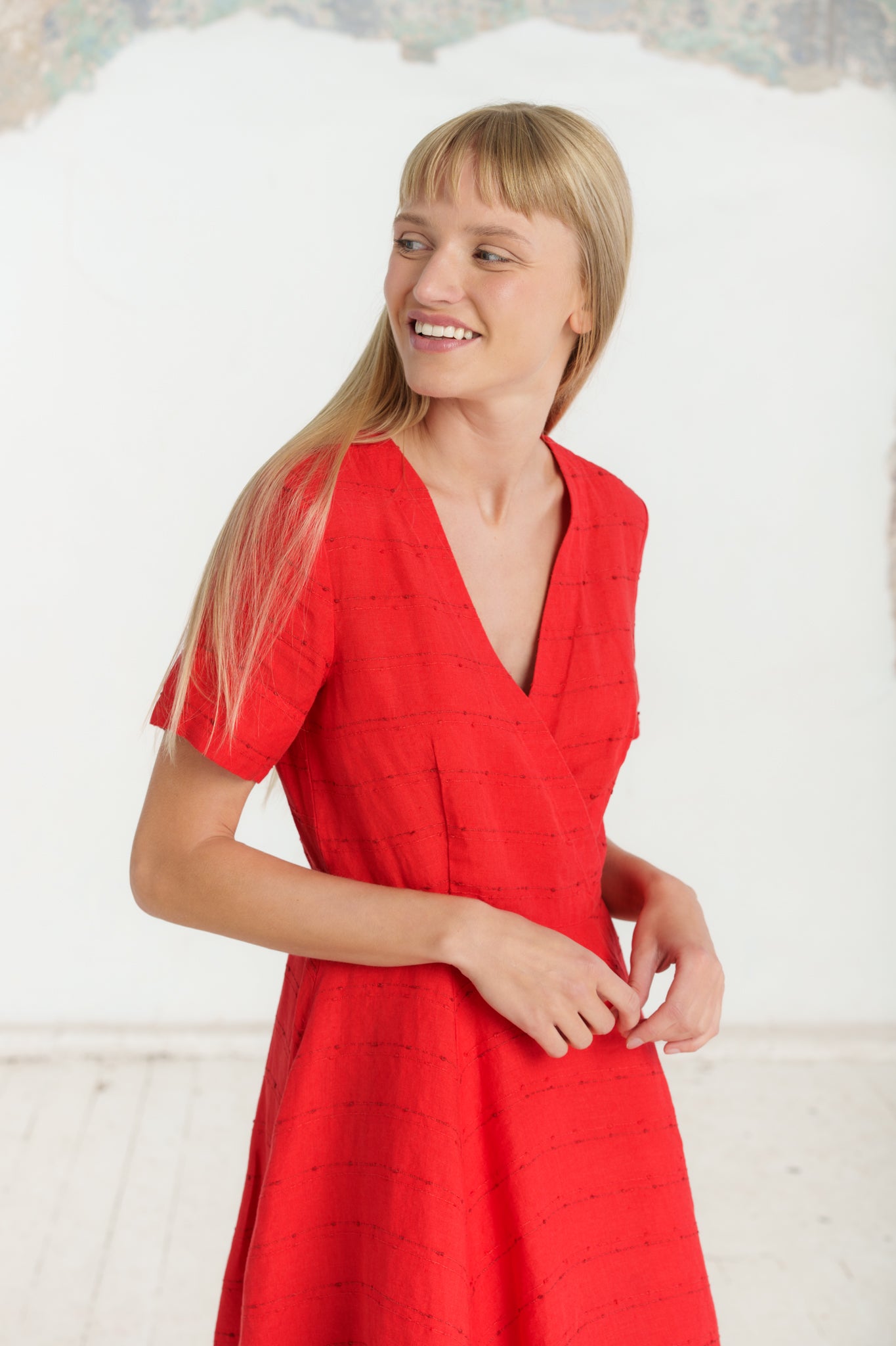 Mini Wrap Dress, Short Sleeve, Cherry Red Stripes
#color_cherry-red-stripes