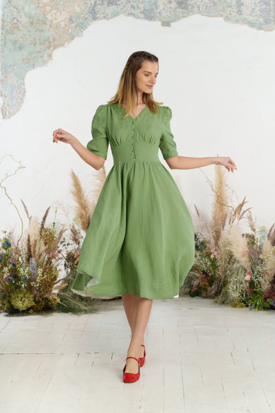 Diane Dress, Puffed Sleeve, Matcha Latte
#color_matcha-latte