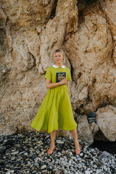 Classic Dress, Short Sleeve, Lime Green White Collar
#color_lime-green-white-collar