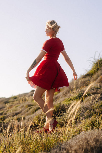 Mini Wrap Dress, Short Sleeve, Cherry Red Stripes
#color_cherry-red-stripes