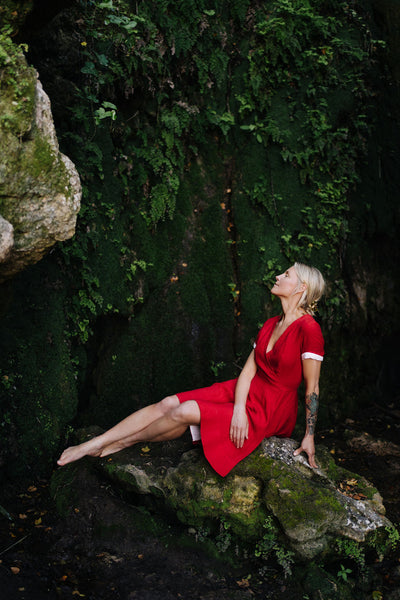 Mini Wrap Dress, Short Sleeve, Cherry Red
#color_cherry-red