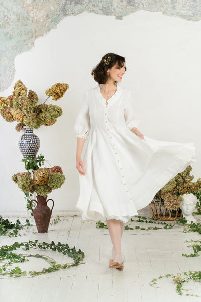 Ophelia Dress, 3/4 Sleeve, White Magnolia