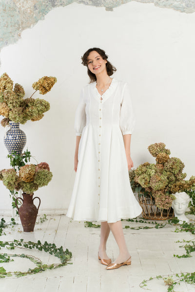 Ophelia Dress, 3/4 Sleeve, White Magnolia
