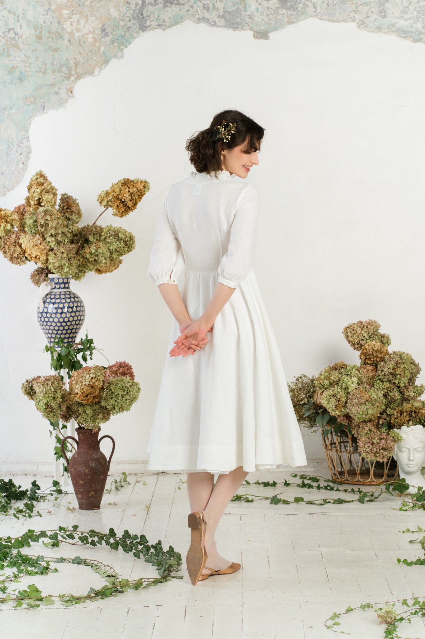 Ophelia Dress, 3/4 Sleeve, White Magnolia