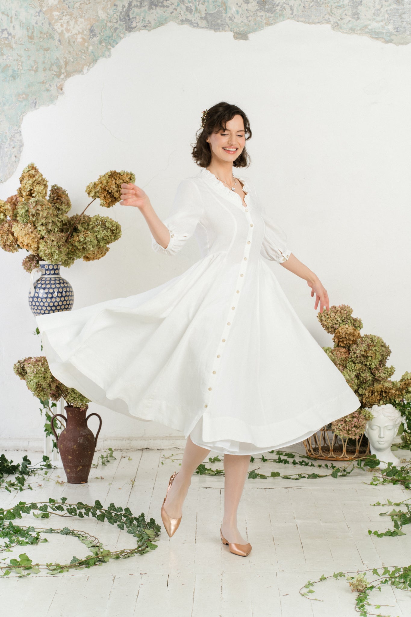 Ophelia Dress, 3/4 Sleeve, White Magnolia