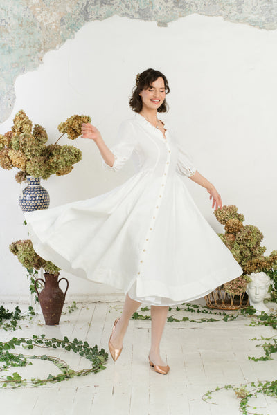 Ophelia Dress, 3/4 Sleeve, White Magnolia