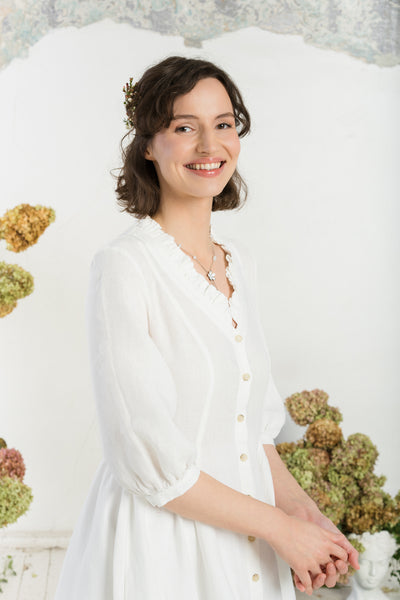 Ophelia Dress, 3/4 Sleeve, White Magnolia