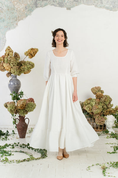 Maxi Carmen Dress, 3/4 Sleeve, White Magnolia