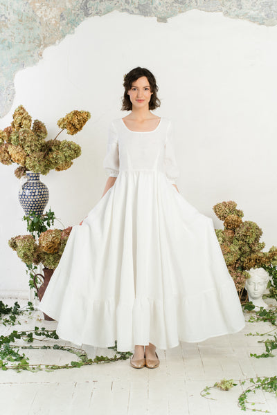 Maxi Carmen Dress, 3/4 Sleeve, White Magnolia