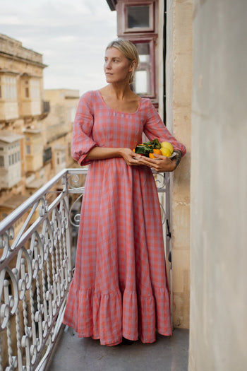 Maxi Carmen Dress, 3/4 Sleeve, Pink Gingham
#color_pink-gingham