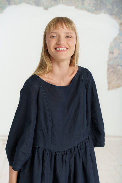 Smock Gaia Nursing Dress, 3/4 Sleeve, Night Navy
