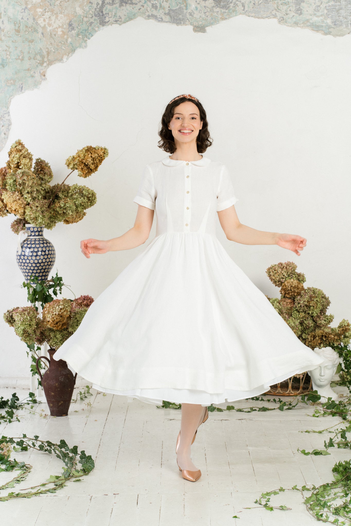 Classic Dress, Short Sleeve, White Magnolia