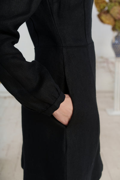 Kelly Dress, Long Sleeve, Black Herringbone#color_black-herringbone