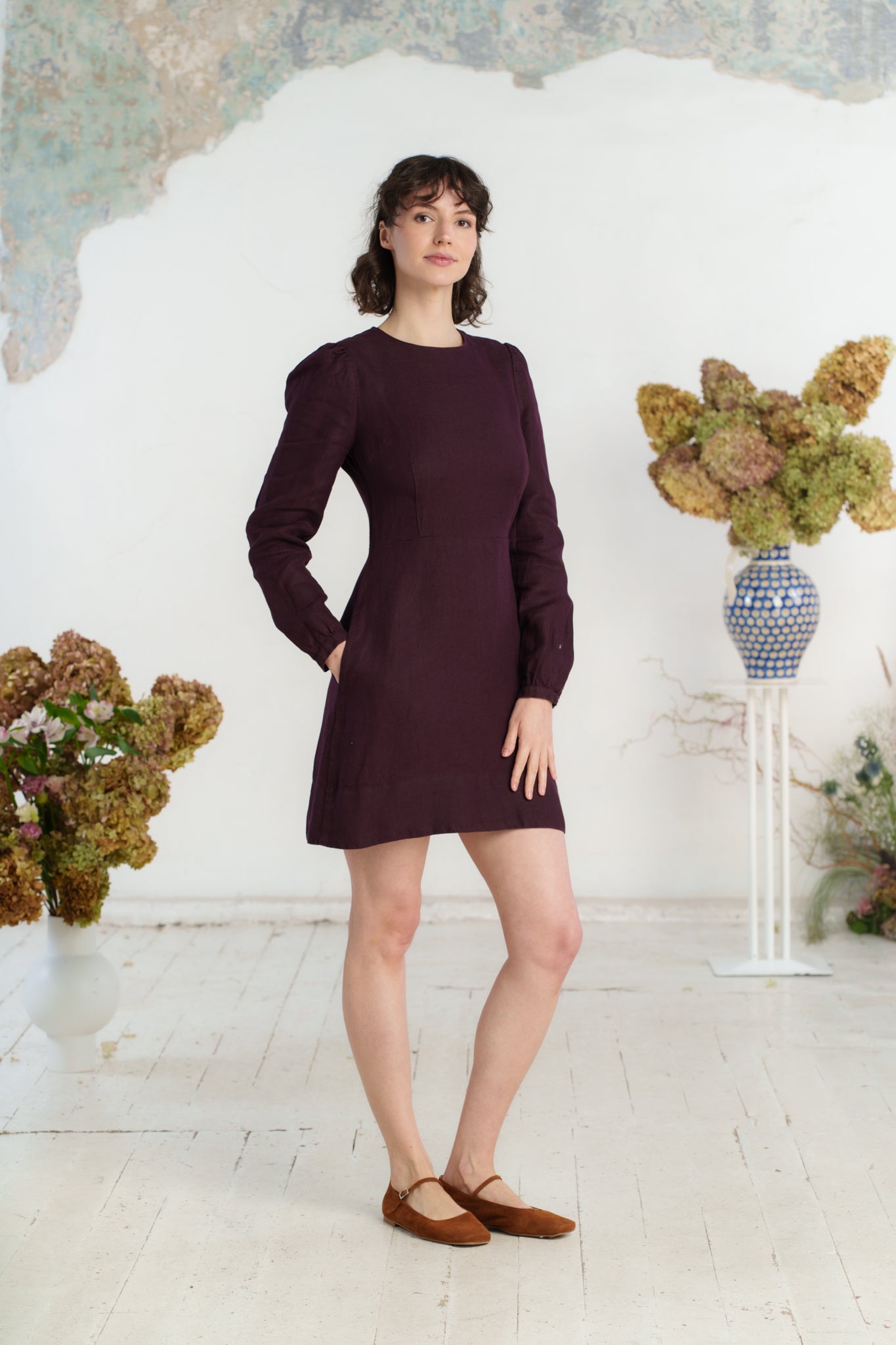 Kelly Dress, Long Sleeve, Twill Linen, Royal Grape#color_royal-grape